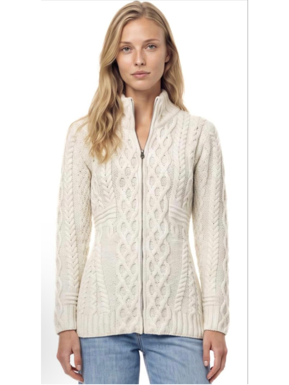 Aran Craft Irish Merino Wool Zip Cardigan Sweater Fold Collar XXL NWT Natural